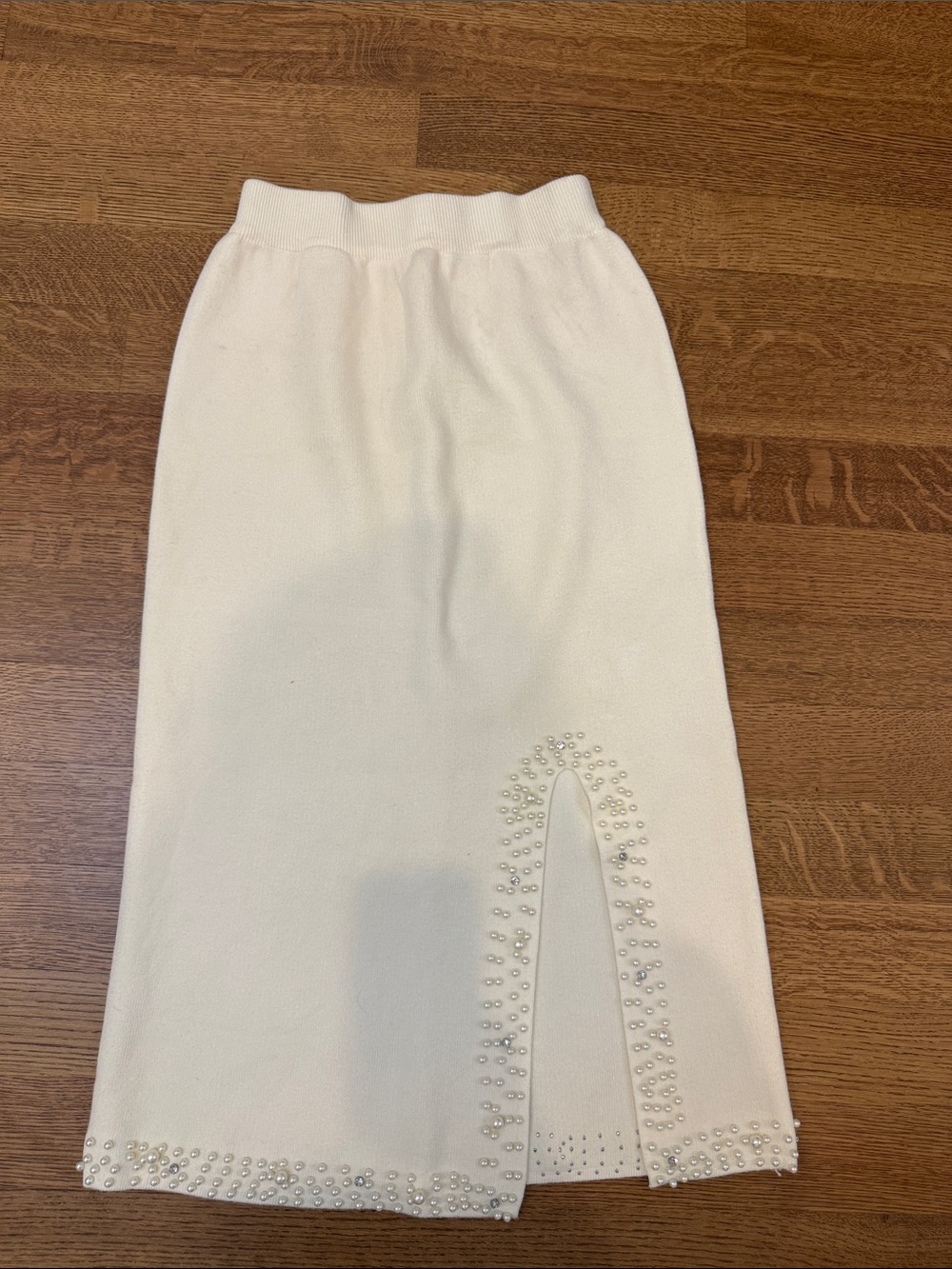 Chicwish Ivory Midi Knit Skirt with Pearl Trim